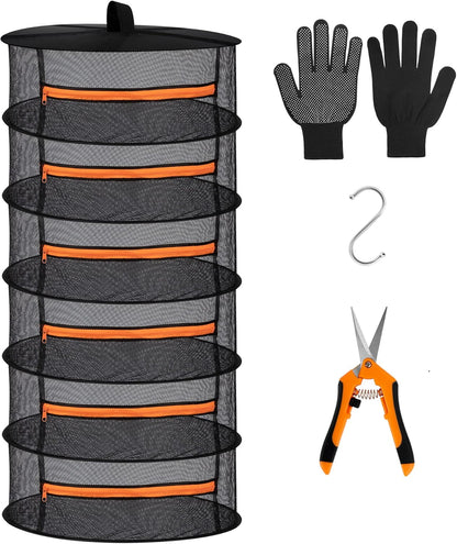 Desy & Feeci Herb Drying Rack-2ft Diameter 6 Layer Folding Mesh Hanging Basket Dryer Net with Zippers for Seeds Flowers Buds Plants Garden Outdoor Bumper Harvest(D24xH47 inch)