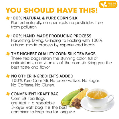 FreshDrinkUS, Premium 75 Tea Bags Corn Silk Tea, 100% Natural & Pure from Corn Silk. Corn Silk Herbal Tea. Clean Ingredients. Made with Natural Material Tea Bags. No Sugar, No Caffeine, Vegan.