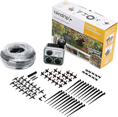 Raindrip R560DP Automatic Drip Irrigation Watering Kit with Timer for Containers and Hanging Baskets, Waters up to 20 Plants, Includes Timer with Customizable Settings and 20 PC Drippers Black