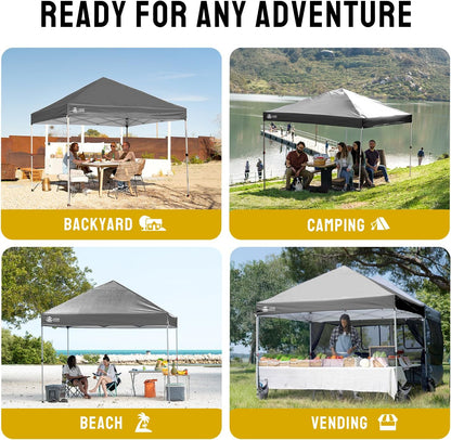 CROWN SHADES 8x8 Pop Up Canopy - Beach Tent with One Push Setup - Easy Outdoor Sun Shade for Events, Parties, Camping - Gazebo with STO-N-Go Cover Bag, Silver Coated Top,Grid Grey