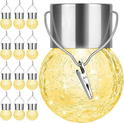 12Pack Hanging Outdoor Solar Lights - Decorative Cracked Glass LED Ball Lights Waterproof Tree Solar Powered Globe Lights with Handle for Garden Yard Patio Fence Christmas Decoration, Warm White