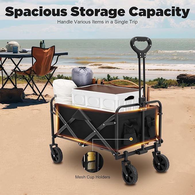 Foldable Wagon Cart with 5 Inch Rubber Wheels and Adjustable Handle Heavy Duty Collapsible Utility Cart for Garden Beach Camping and Shopping Large Capacity and Portable Design Black