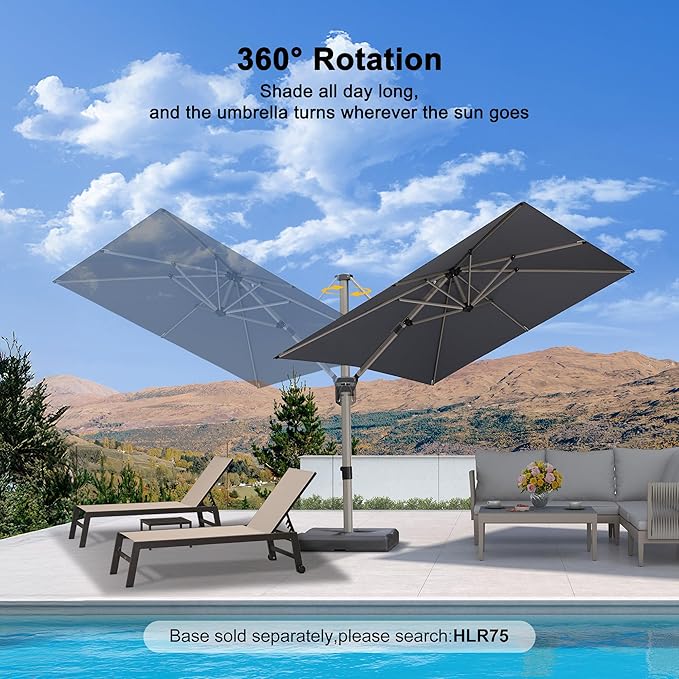 PURPLE LEAF 8' X 8' Patio Umbrella Outdoor Cantilever Umbrella, Aluminum Offset Umbrella with Champagne Frame and 360° Rotation for Pool Deck Garden, Light Grey