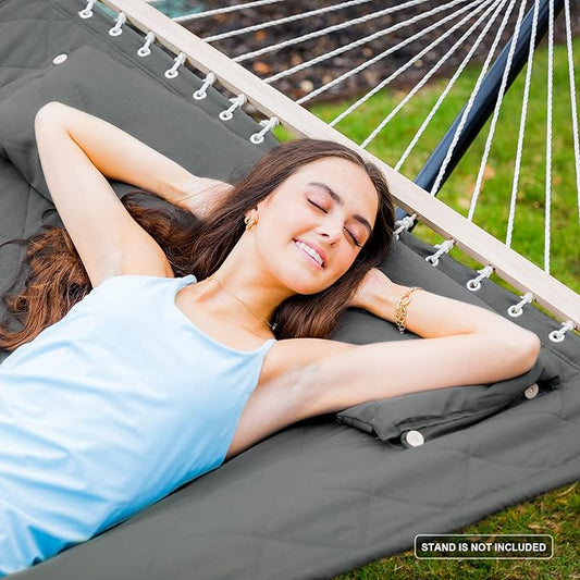 ANOW 2 Person Hammock with Spreader Bars and Detachable Pillow, Quilted Hammock for Outdoors Indoors, 450 LBS Weight Capacity, Gray