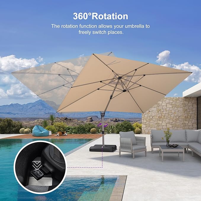 PURPLE LEAF Patio Umbrella with Base Included, 10‘×13’ Outdoor Aluminum Cantilever Umbrella with 360° Rotation, Aluminum Large Offset Umbrella for Outdoor Garden Pool, Beige