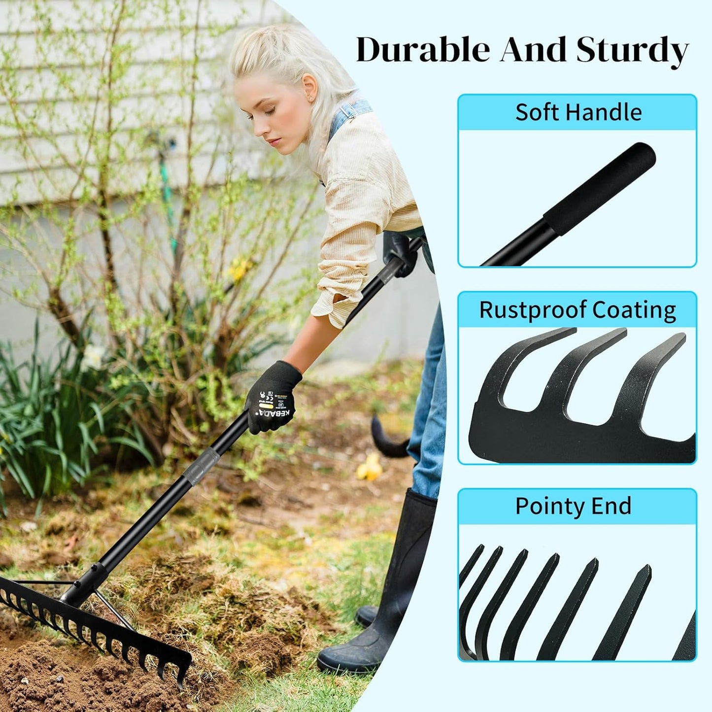 Heavy Duty Bow Rake with Stainless Steel Handle for Farming Land Management Leaf Gathering Durable Ergonomic Garden Tool with 16 Tine Head 63 Inch Assemble Long Shaft Suitable for Large Areas