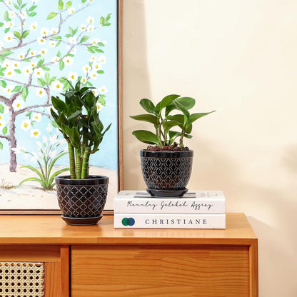 Sureasy Ceramic Plant Pots, 4.7 Inch Flower Pots for Indoor Plants, Succulent Pots with Saucer and Drainage Hole, Decorative Planter for Succulent, Cactus, Set of 4, Black