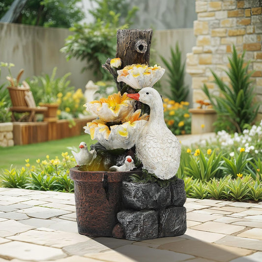 19.1" H Farmhouse Duck Garden Water Fountain with Sunflower, Indoor/Outdoor Freestanding, Soothing Cascading Waterfall with LED Lights, Decorative Water Feature for Patio, Yard, and Garden