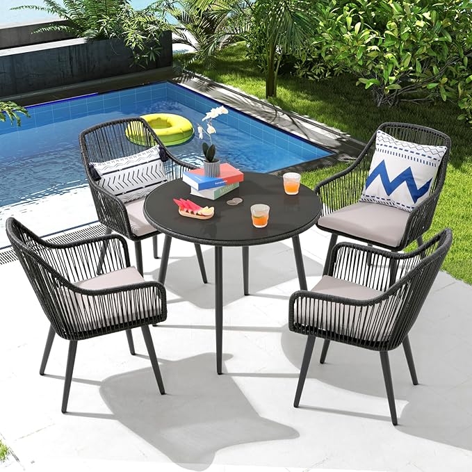 Patiorama 5-Piece Patio Dining Set,Outdoor Dining Table Chair Set,All-Weather Twisted Rattan Wicker Rope Conversation Set,Patio Furniture Set w/Umbrella Hole,4 Cushioned Chairs&Glass Table(Dark Black)