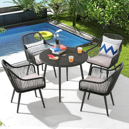 Patiorama 5-Piece Patio Dining Set,Outdoor Dining Table Chair Set,All-Weather Twisted Rattan Wicker Rope Conversation Set,Patio Furniture Set w/Umbrella Hole,4 Cushioned Chairs&Glass Table(Dark Black)
