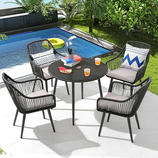 Patiorama 5-Piece Patio Dining Set,Outdoor Dining Table Chair Set,All-Weather Twisted Rattan Wicker Rope Conversation Set,Patio Furniture Set w/Umbrella Hole,4 Cushioned Chairs&Glass Table(Dark Black)