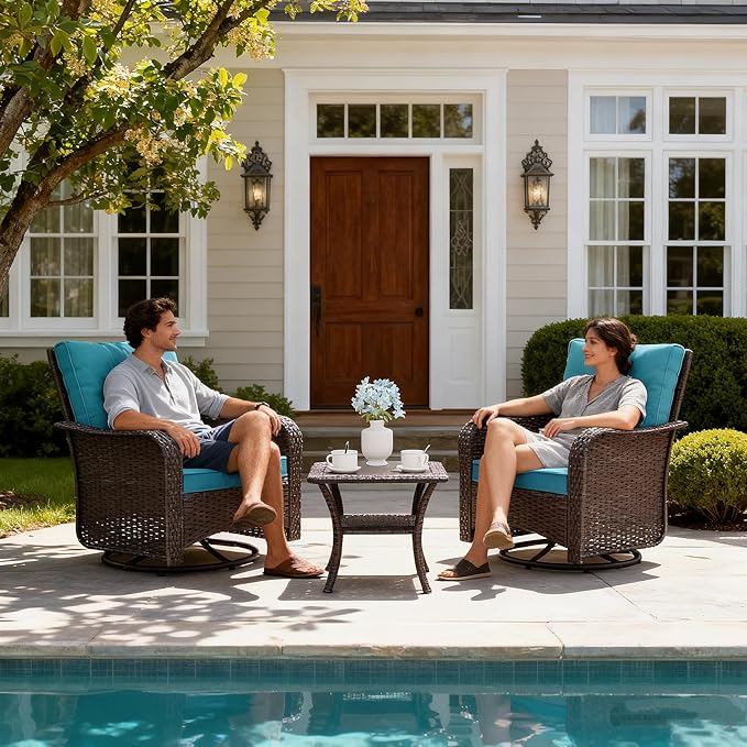 Gotland Outdoor Swivel Chairs Set of 2, 3 Pieces Patio Furniture Set with Thick Cushion, Wicker Rocking Patio Chairs Set of 2, Patio Bistro Set with Double-Layer Coffee Table for Balcony Porch Blue