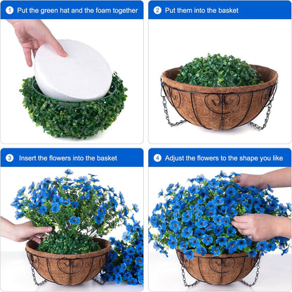 Artificial Fake Hanging Plants Flowers with Basket Outdoor Decor Faux Silk Daisy Flower Arrangements in Pot Planter for Porch Home Indoor Patio Garden Yard Decoration, Blue