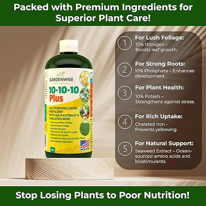 10-10-10 All Purpose Plant Food - Liquid Fertilizer with Seaweed Kelp & Iron - Indoor & Outdoor Plant Food, Vegetables, Flowers, Lawn & Garden 1x8oz