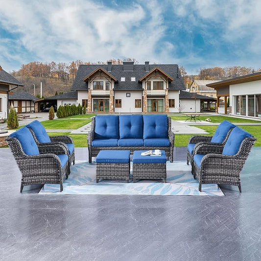 Rilyson Wicker Patio Furniture Set - 7 Piece Rattan Outdoor Sectional Conversation Sets with 1 Sofa,4 Armrest Chairs and 2 Ottomans for Porch Deck Garden(Mixed Grey/Blue)