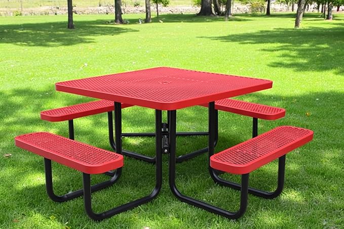 46" Square Picnic Table for Outside,Heavy Duty Metal Picnic Table Bench Set with 2in Umbrella Hole, 1600 lb Capacity,Commercial Dining Table Furniture for Garden Yard Patio Party Coffee Shop