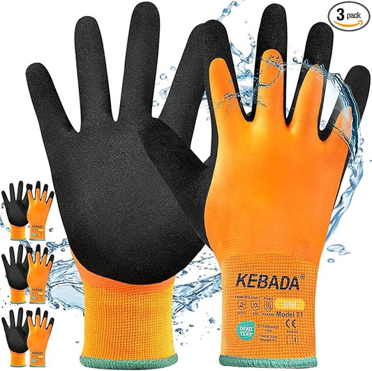 Kebada T1 3 Pairs Waterproof Winter Work Gloves for Men and Women, Warm Work Gloves for Cold Weather, Thermal Insulated Freezer Gloves, 100% Latex Coating & Super Grip, Unisex, Medium