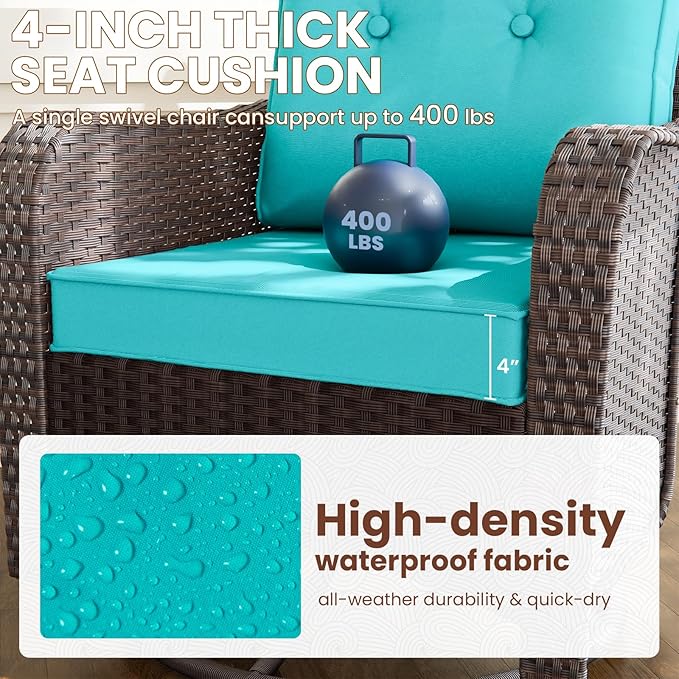 Gotland Outdoor Swivel Chairs Set of 2, 3 Pieces Patio Furniture Set with Thick Cushion, Wicker Rocking Patio Chairs Set of 2, Patio Bistro Set with Double-Layer Coffee Table for Balcony Porch Blue