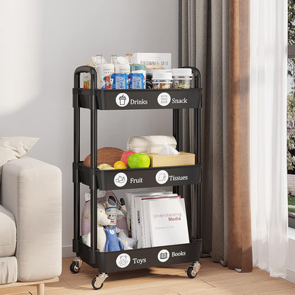 UDEAR 3-Tier Rolling Utility Cart with 12 Category Labels,Multifunctional Comagtable Rolling Shelving with Handle and Lockable Wheels for Room,Office,Kitchen,Bathroom,Black
