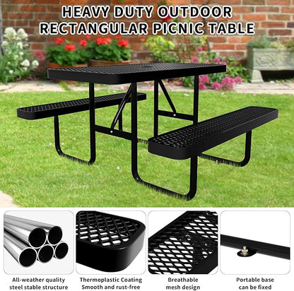 4FT Rectangular Steel Outdoor Picnic Table,Commercial Black Picnic Table Bench Set with Umbrella Hole, Weather-Resistant Heavy Duty School Dining Table for Patio, Garden, Backyard
