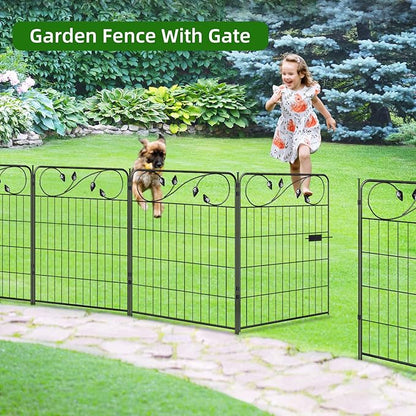 Decorative Metal Garden Fence 30in(H) X16ft(L) 1 gate+7 Panels Temporary Dog Fence Border for Landscape Patio Outdoor with gate, No dig Garden Fencing Gates for Yard