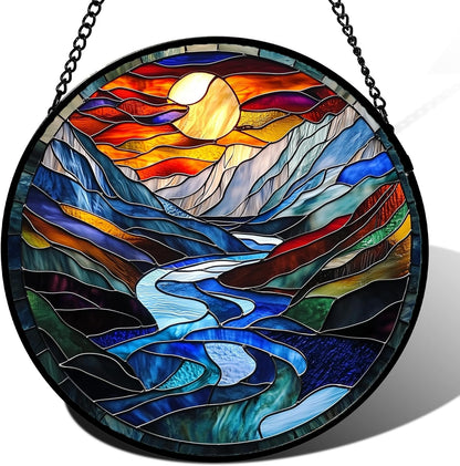 Stained Glass Window Hanging, Canyon Mountains Sunset View Sun Catcher for Window Home Decor Landscape Suncatcher Mother's Day Birthday Gifts for Women Men Mom and Nana 9.8 in