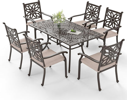 Sophia & William 7 Pieces Cast Aluminium Patio Dining Furniture Set for 6, Powder-Coating Outdoor Dining Chairs and Rectangular Table with 2.3" Umbrella Hole for Porch Backyard Deck, Bronze