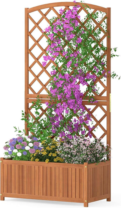 HAPPYGRILL Wooden Raised Garden Bed with Trellis, 63" Tall Planter Box with Trellis & Slat Bottom Base Vine Climbing Plants Flowers, Outdoor Freestanding Garden Box for Backyard Balcony (1)