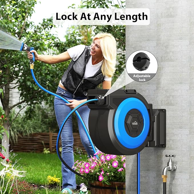 Retractable Garden Hose Reel, 1/2" x 131FT Heavy Duty Automatic Retractable Hose Reel Wall Mount, with 10- Function Sprayer Nozzle, Any Length Lock/Auto Rewind/180°Swivel