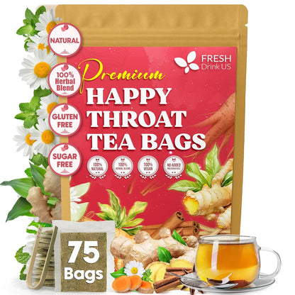 Premium Happy Throat Herbal Tea – 75 Bags Of Supper Tea Blend: Marshmallow Root, Slippery Elm & Ginger – Dry & Sore Throat Relief – Caffeine-Free, No Honey, No Citrus – No Sugar
