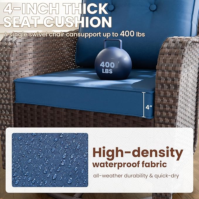 Gotland Outdoor Swivel Chairs Set of 2, 3 Pieces Patio Furniture Set with Thick Cushion, Wicker Rocking Patio Chairs Set of 2, Patio Bistro Set with Double-Layer Coffee Table for Balcony Porch Navy