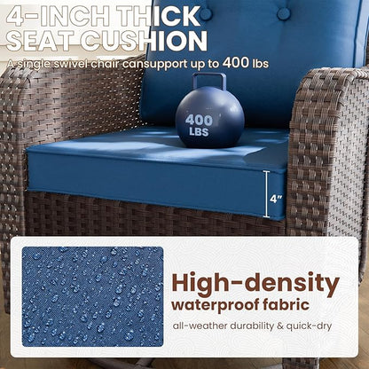 Gotland Outdoor Swivel Chairs Set of 2, 3 Pieces Patio Furniture Set with Thick Cushion, Wicker Rocking Patio Chairs Set of 2, Patio Bistro Set with Double-Layer Coffee Table for Balcony Porch Navy