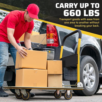 Heavy Duty Foldable Push Cart Dolly | 660 lbs. Capacity | Upgraded Collapsible Hand Truck Folding Platform with Swivel Wheels | Flat Bed Moving Wagon | Space Saving Push Handle (Yellow)