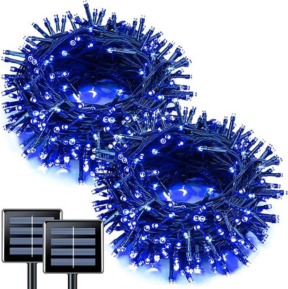 JMEXSUSS 2 Pack Blue Solar Christmas Lights: 100 LED 33ft Blue Solar Lights Outdoor, 8 Modes Solar String Lights for Outside Christmas Tree Gardens Party