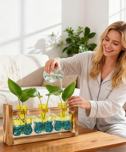 Nacome Butterfly Vase Propagation Stations: Glass Plant Terrarium with Wooden Stand for Home Office Desk Decor, Unique Gifts for Plant Lovers Women Mom (Yellow)