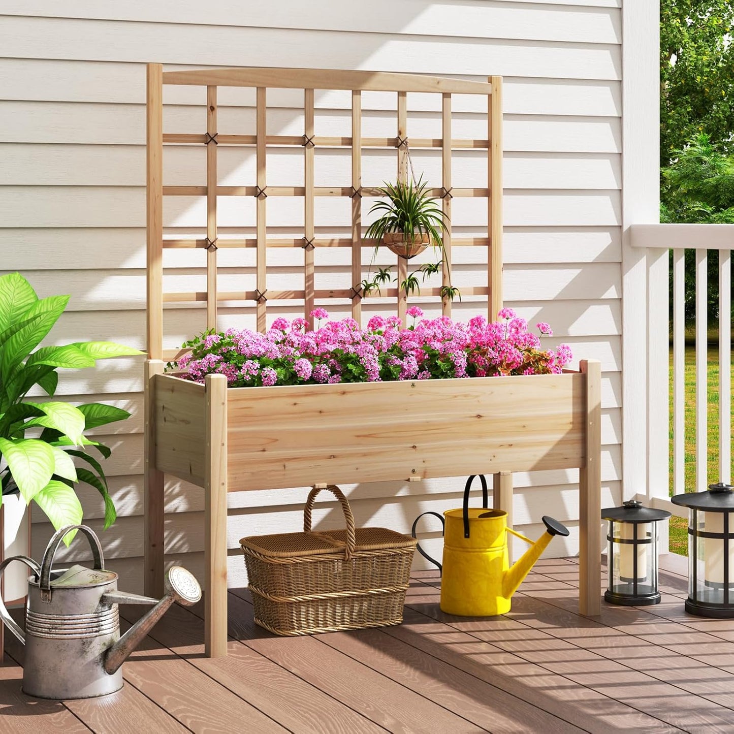 HAPPYGRILL Raised Garden Bed with Lattice Trellis, 4 Drainage Holes, Wooden Elevated Planter Box with Legs for Climbing Vine, Hanging Small Flower Baskets, Outdoor Gardening Planter for Patio Balcony