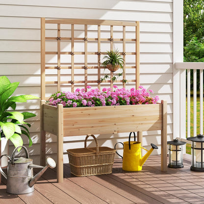 HAPPYGRILL Raised Garden Bed with Lattice Trellis, 4 Drainage Holes, Wooden Elevated Planter Box with Legs for Climbing Vine, Hanging Small Flower Baskets, Outdoor Gardening Planter for Patio Balcony