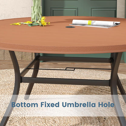 DIFY Round Outdoor Patio Dining Table for 8, 56.3" Patio Table with All-Weather Faux Wood Tabletop and Metal Steel Frame, Outside Table for Garden Porch Backyard, Walnut