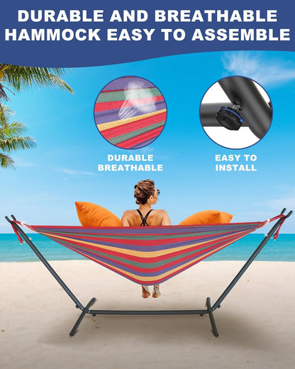 Double Hammock with Heavy-Duty Steel Stand,Portable,Easy Assembly,600lbs Weight Capacity,Suit for Indoor,Yard,Camping,or Outdoor-Wide Red