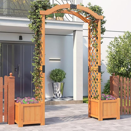Giantex Garden Arbor with Planter Boxes, Wooden Arch with Trellis and Raised Garden Bed for Climbing Vine Plants Vegetables Herbs, Decorative Arbor Archway for Wedding, Ceremony, Party (Orange)