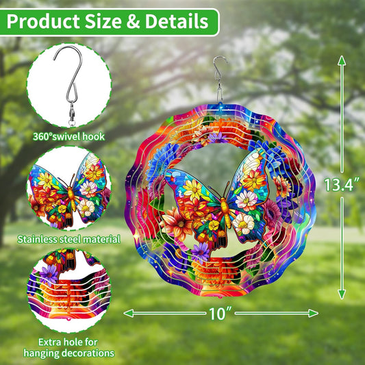 3D Hanging Wind Spinner Butterfly/Hummingbird, 10 Inch Stainless Steel Wind Spinners Outdoor Clearance, Garden Spinner for Outside Patio Yard Home Christmas Decor (Butterfly 02)
