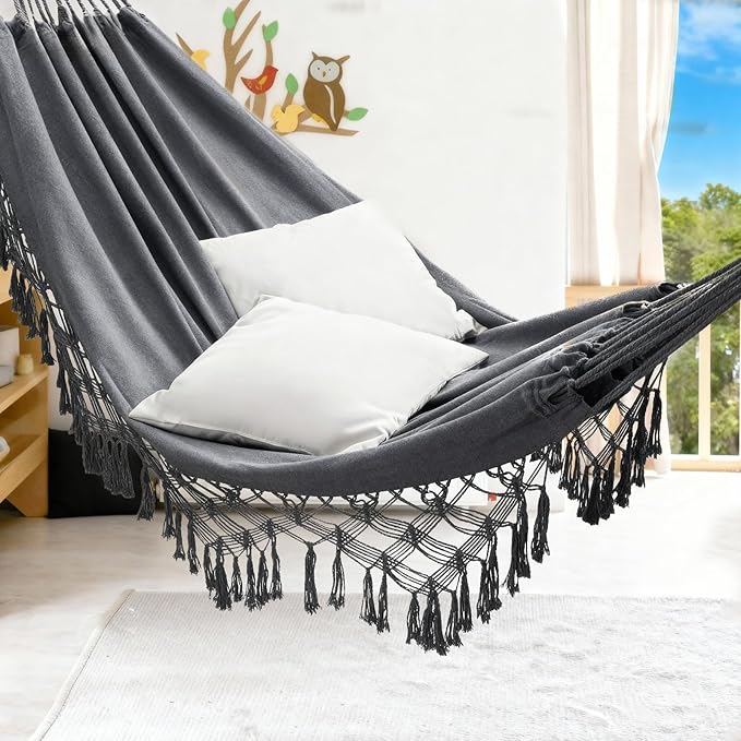 JoyView Boho Macrame Double Hammock with Hanging Ropes & Elegant Tassels 86.6x59 Portable Cotton Hammock for Patio Backyard Porch 450LBS Weight Capacity Perfect for Outdoor/Indoor - Dark Grey