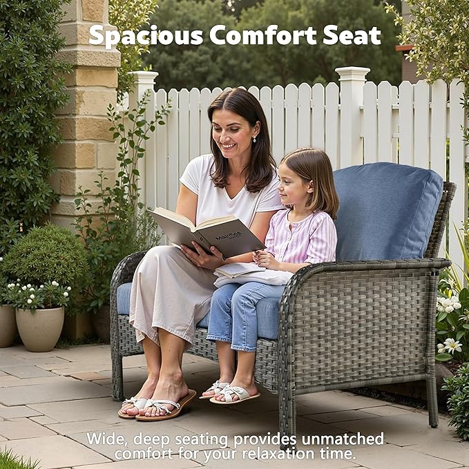 4-Piece Wicker Patio Furniture Set, All-Weather Rattan Conversation Bistro Loveseat Chair and Table Set for Backyard, Balcony and Deck with Soft Cushions and Metal Table(Blue)