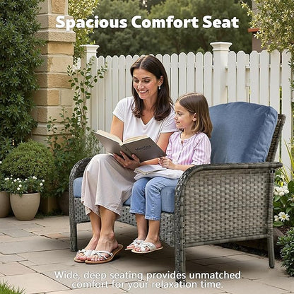 4-Piece Wicker Patio Furniture Set, All-Weather Rattan Conversation Bistro Loveseat Chair and Table Set for Backyard, Balcony and Deck with Soft Cushions and Metal Table(Blue)