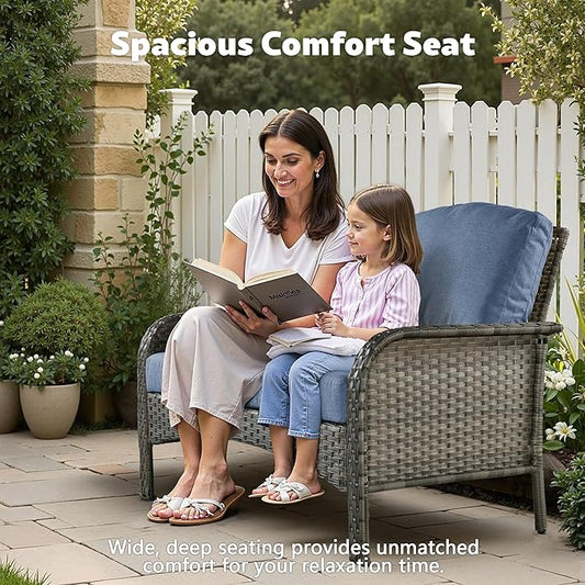 4-Piece Wicker Patio Furniture Set, All-Weather Rattan Conversation Bistro Loveseat Chair and Table Set for Backyard, Balcony and Deck with Soft Cushions and Metal Table(Blue)