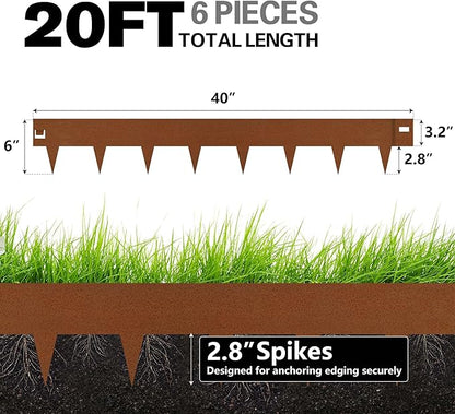 Worth Garden 6-Pack 6" H. Corten Steel Landscape Lawn Edging (20Ft Total) - Rust Patina Finish 18-Gauge Bendable Metal Strips - Hammer-in Edging Border - Buckle Connection - Yard Pathway Divider