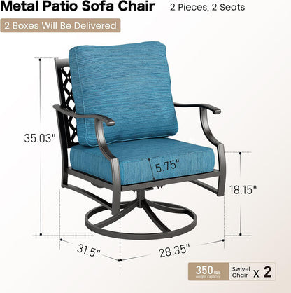 Metal Outdoor Swivel Patio Chairs Set of 2 with 5.75" Extra Thick Cushion, 2 Piece High Back Swivel Rocker Patio Chairs Outdoor Furniture Seating for Deck Balcony Front Porch, Blue-2