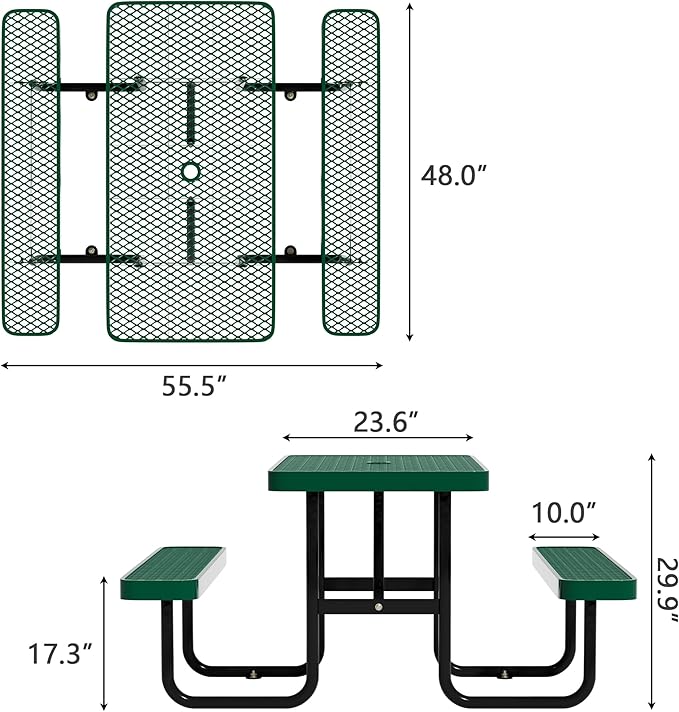 48'' Rectangular Steel Picnic Table for Outdoors,Commercial Metal Picnic Table Bench Set with Umbrella Hole,School Canteen Table W/Seats - Heavy Duty Sturdy Picnic Tables Furniture for Patio Garden