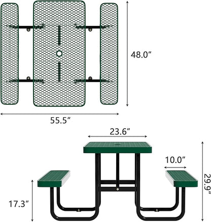 48'' Rectangular Steel Picnic Table for Outdoors,Commercial Metal Picnic Table Bench Set with Umbrella Hole,School Canteen Table W/Seats - Heavy Duty Sturdy Picnic Tables Furniture for Patio Garden