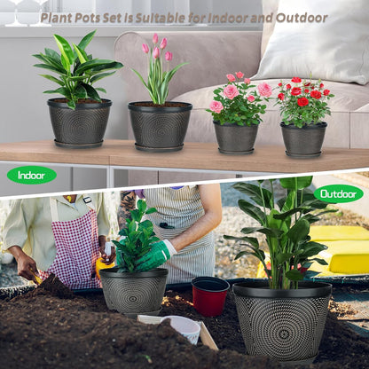 Quarut 15 Inch 4 Pack Large Plant Pots, Plastic Flower Pot for Indoor & Outdoor with Drainage Holes & Saucer, Circle Pattern Planters Garden Pots for Herbs